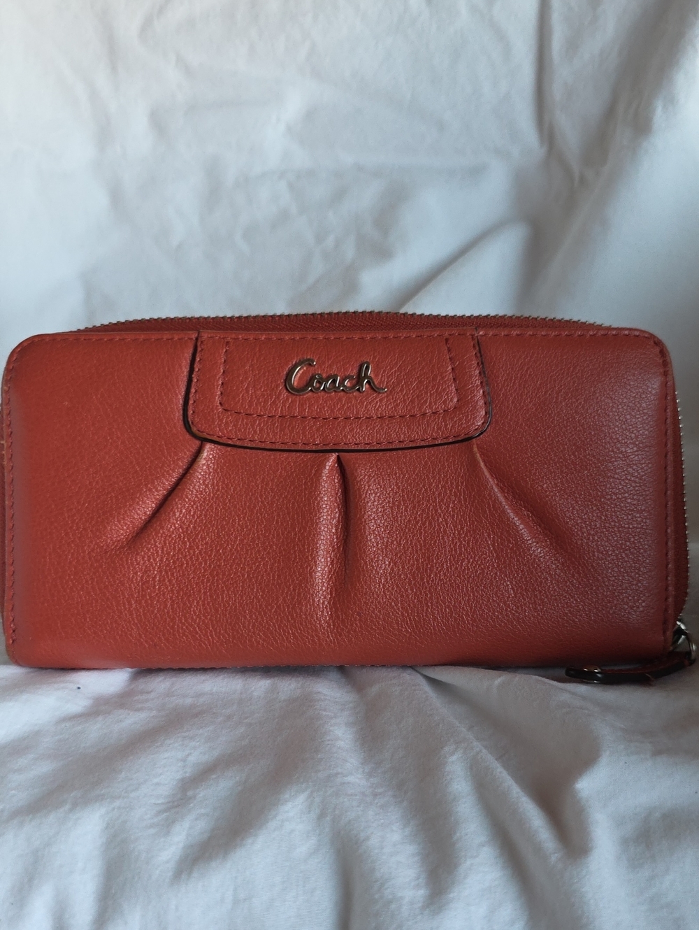 Coach Ashley Coral Leather Zip-Around Wallet with Pleat Detail